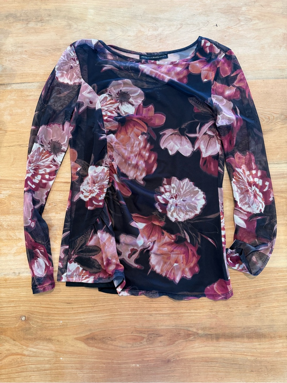 White House Black Market Floral Mesh Ruched Long Sleeve Top S